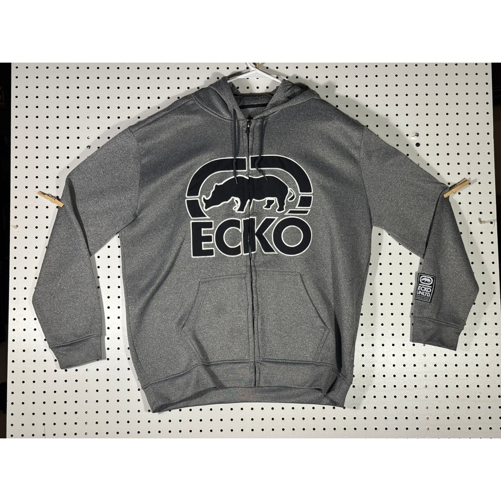 Ecko Unltd Mens 2XL Gray Full Zip Rhino Logo Tech Fleece Hoodie Sweatshirt